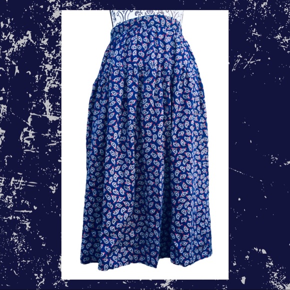 Vintage 80s Lanz Navy Blue Paisley Skirt Yoked Midi With Pockets 4 25” Waist - Picture 1 of 7